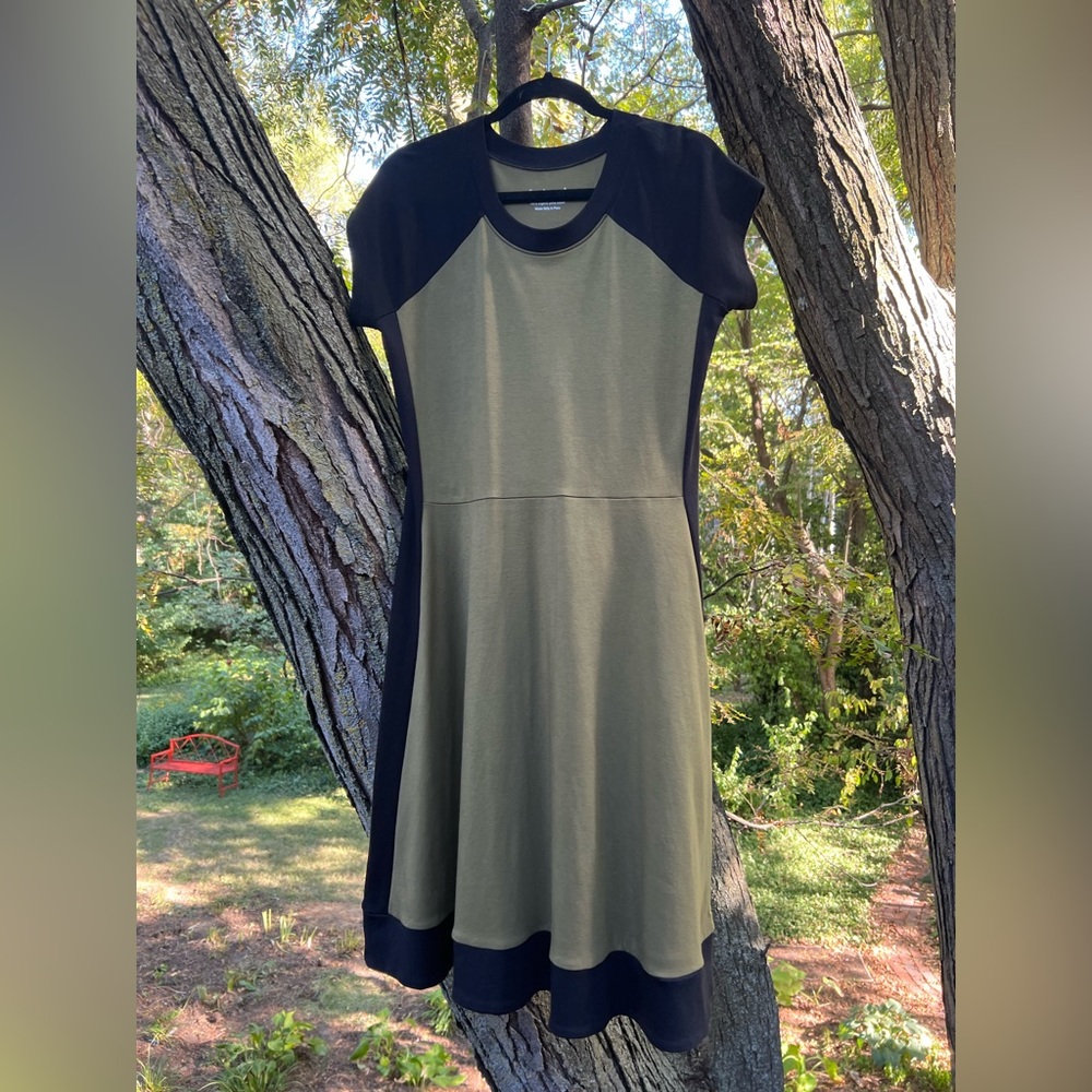Two-Tone Olive & Black Fit-and-Flare Midi Dress